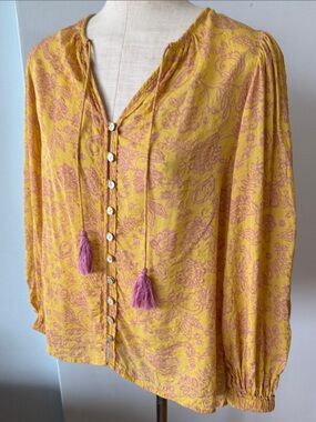 By Together Yellow Floral Button-Front Blouse with Pink Tassels